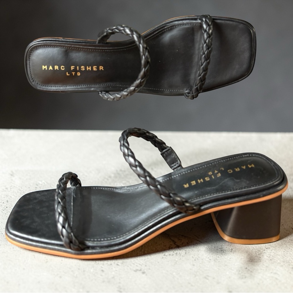 Marc Fisher Black Braided Strap Block Heel Sandals